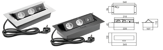 SETE Встраиваемый настольный удлинитель, 2 гнезда, 2*USB, с кабелем, серый SBT-2UC-80