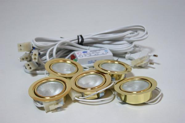 Набор из 5-и точечных светильников золото + трансформатор