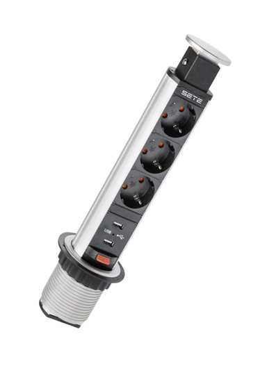 SETE Удлинитель настольный выдвижной. 2*USB, 230V, 60мм, серый, SPO-3GU